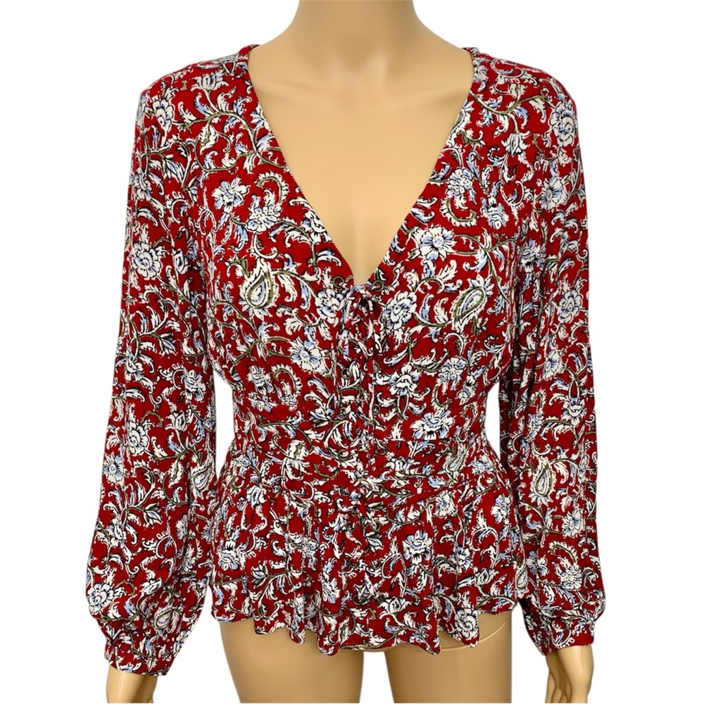 Anthropologie Feather Bone Floral Lace Up Smocked Peplum Top Blouse Sz 6